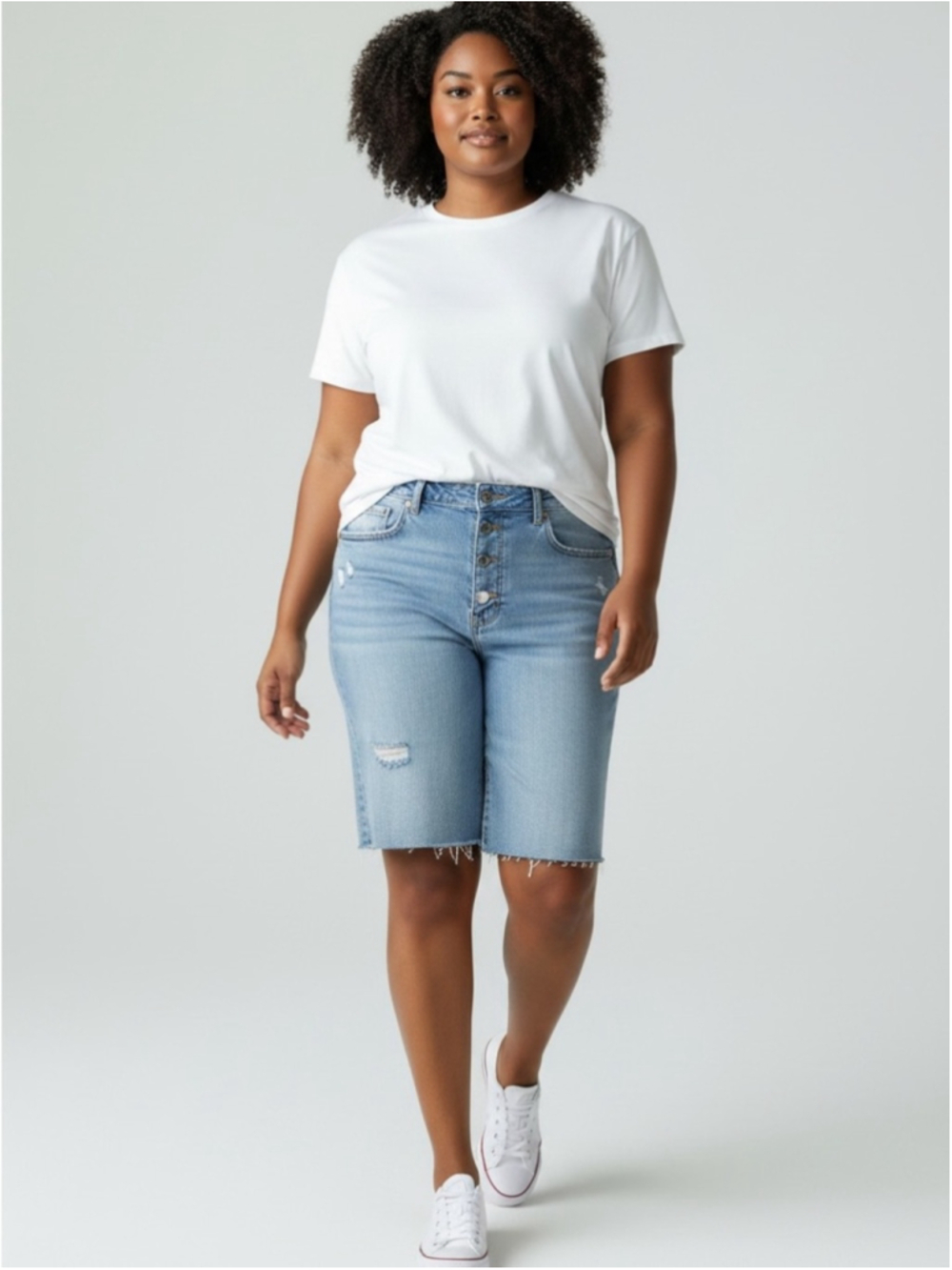 Zara Light Blue Button Fly Distressed Bermuda Denim Shorts